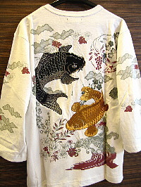 和柄七分袖Tシャツ 高級刺繍 双鯉柄